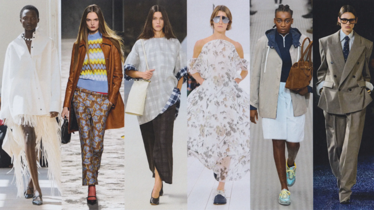 Models showcasing recent fashion trends 2025 including gender-neutral outfits and bold accessories