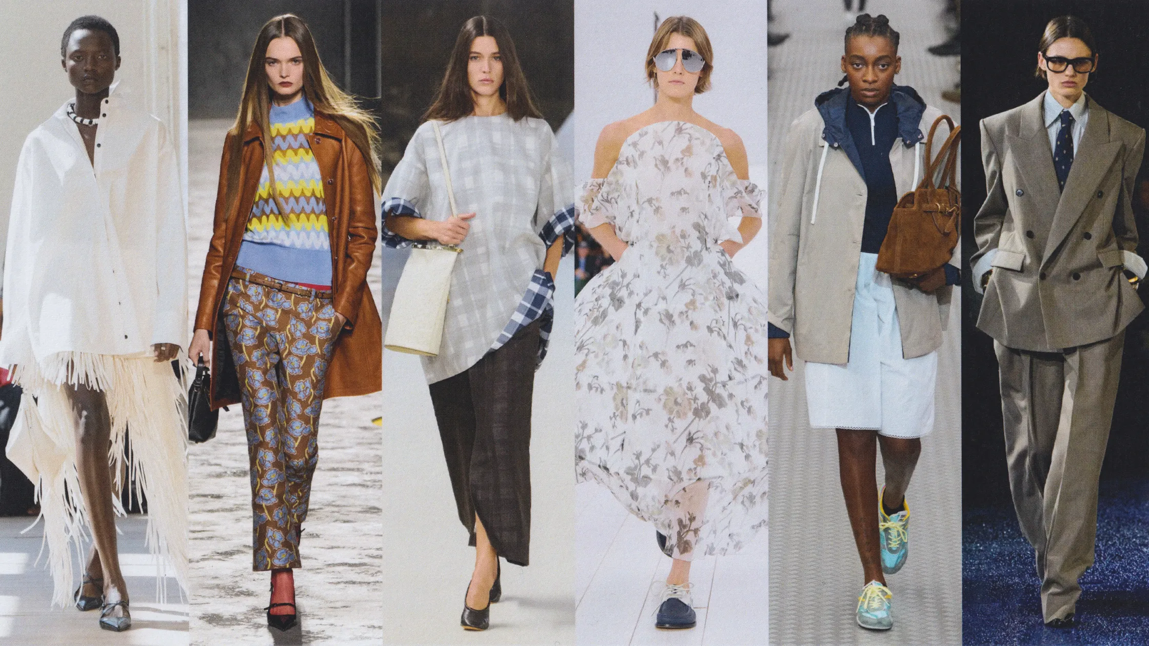 Models showcasing recent fashion trends 2025 including gender-neutral outfits and bold accessories