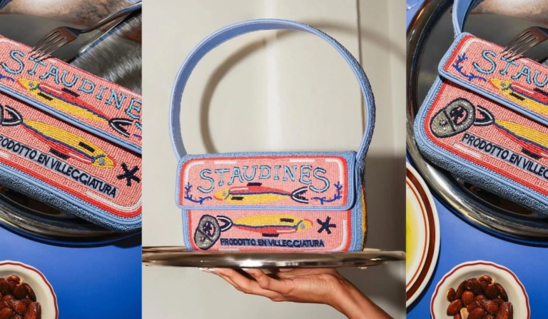 Model wearing a sardine-printed co-ord set with playful accessories, showcasing the sardine fashion trend 2025.