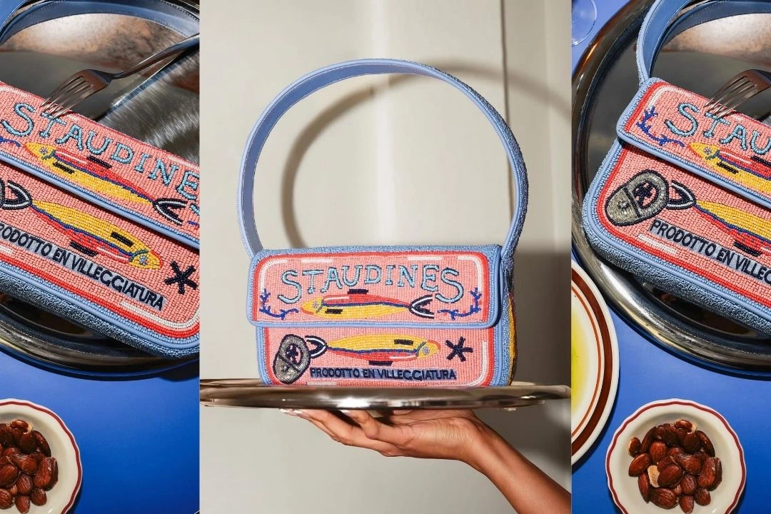 Model wearing a sardine-printed co-ord set with playful accessories, showcasing the sardine fashion trend 2025.